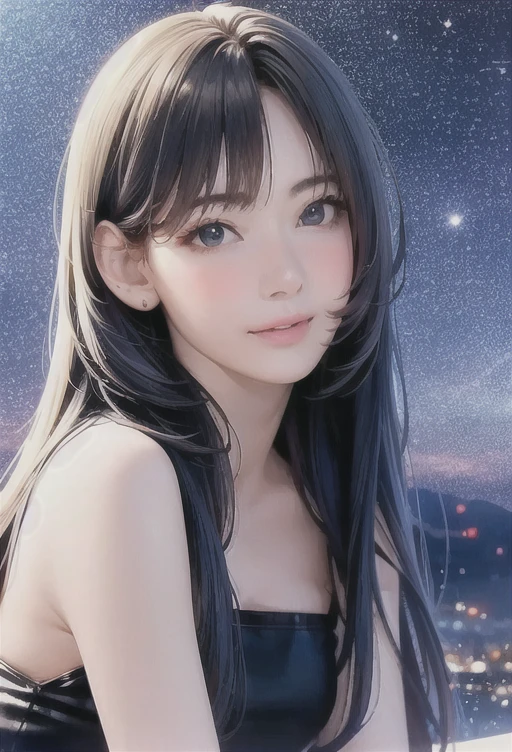 (8k, best quality, masterpiece:1.2), (realistic, photo-realistic:1.37), ultra-detailed, 1 girl,cute, solo,midnight,beautiful detailed sky,detailed cafe,sitting,dating,(nose blush),(smile:1.15),(closed mouth) small breasts,beautiful detailed eyes,floating hair NovaFrogStyle,backless dress