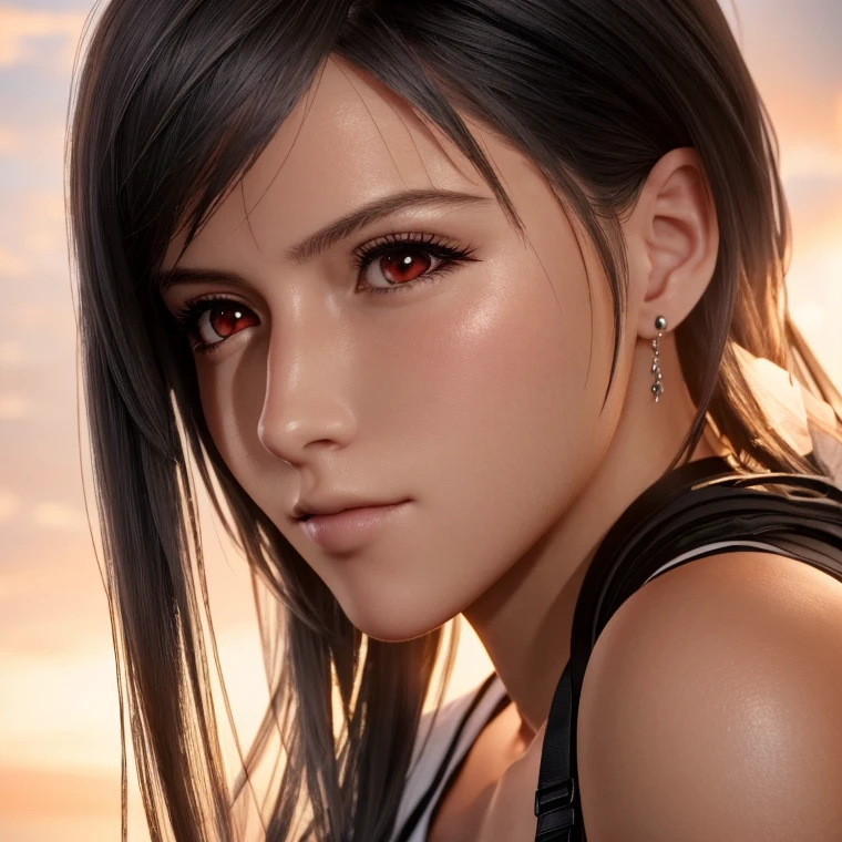 highly detailed photo of Tifa Lockhart posing, final fantasy 7 remake, red eyes, intricate, highres, 8k, detailed hair, detailed skin, masterpiece, very long hair, award-winning photography, sharp focus, dramatic lighting, unreal engine 5, full body shot <lora:tifa lockhart:0.5>,