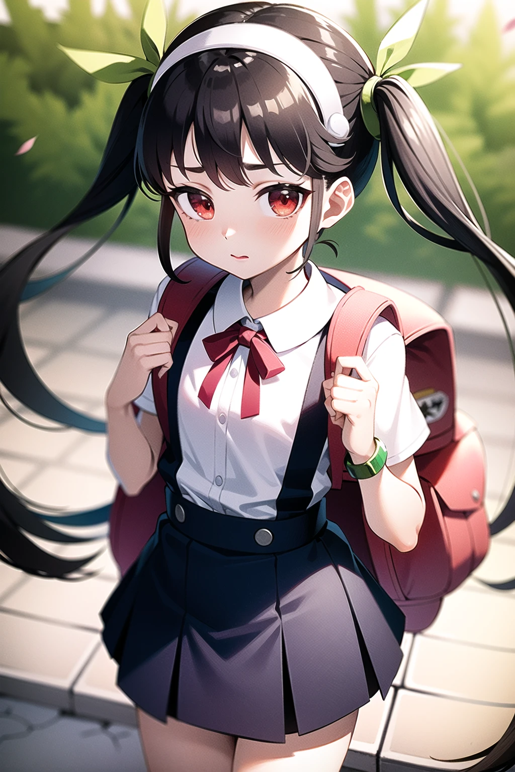 1girl, solo, female, (mayoi_hachikuji), twintails, (red_eyes), flat_chest
white_hairband, bracelet, green, ribbon, school_uniform, standing, skirt, shirt, suspender_skirt, backpack, (randoseru)
hdri, 4k, masterpiece,
day, sakura, petals, spring, trees, looking at viewer  <lora:hachikuji-3epoch-v1-pruned:0.7>