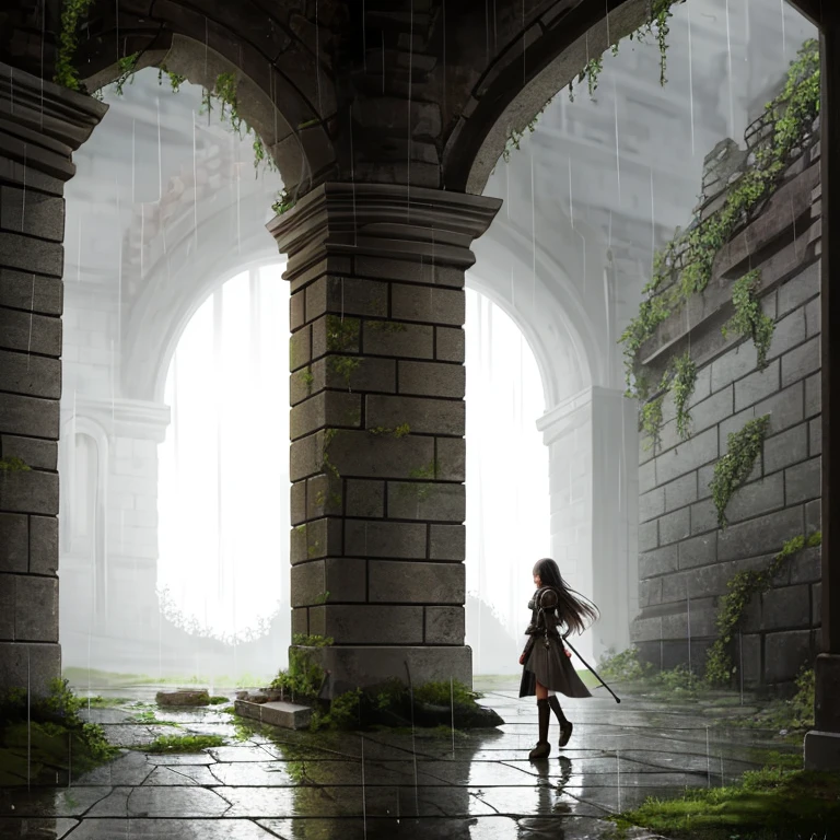 best quality, rain, fantasy, walking through ruined ancient buildings, 1girl, detailed clothing, glowing eyes,