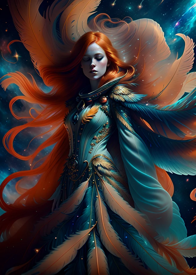 professional photo of a solo redhead woman floating (in space)+, ornate feather gown, long (flowing feathers)+, long flowing hair, detailed face, ambient lighting, dynamic motion, (nebula background)+