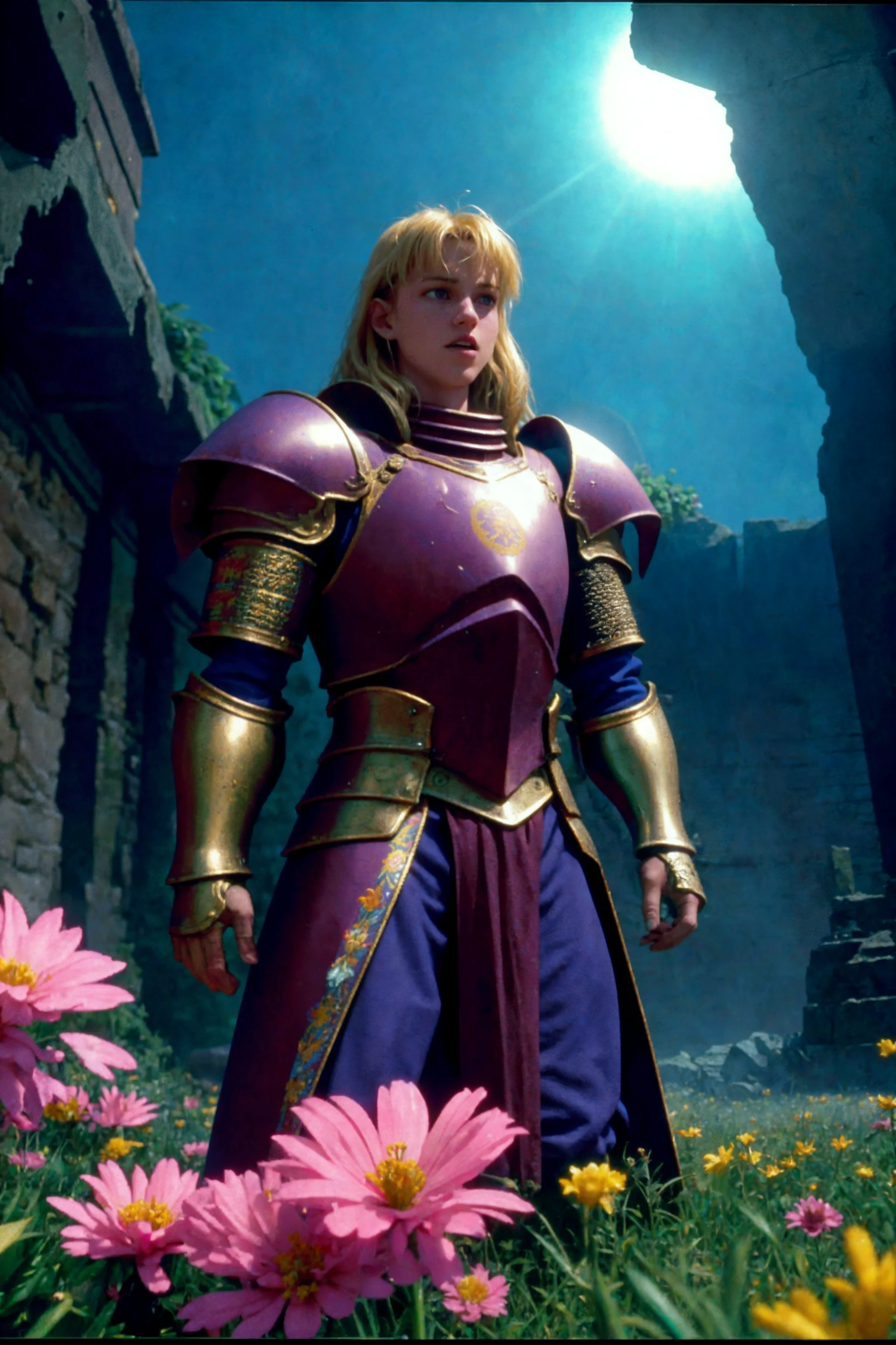 90's found footage vhs, dvd scanlines, film grain, film noise, realistic, cinematic, knight of the round table, beautiful ornate armor, majestic field of flowers, sense of scale, volumetric lighting, dusty, clutter and mess, soft lighting, hazy, dim lighting, dark,