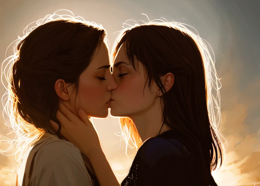yuri realistic portrait of 2girls, kiss, couple, dramatic lighting, illustration by Greg rutkowski, yoji shinkawa, 4k, digital art, concept art, trending on artstation