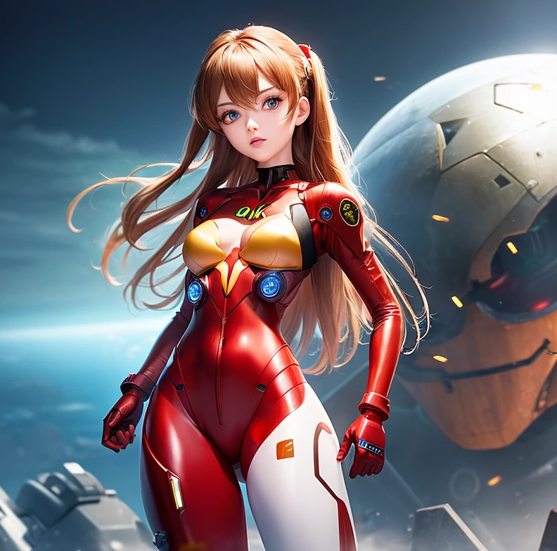 (8k, best quality, masterpiece:1.2), ultra-detailed, Masterpiece, realistic lighting,masterpiece, best quality, masterpiece, official art,extremely detailed CG unity 8k wallpaper,beautiful detailed eyes, light on face, 1girl, Asuka, breasts, pilot_suit, plugsuit, red_bodysuit, gloves, bandage, hair_ornament, bracer, full body, mecha, (battlefield:1.3) <lora:Asuka:1>