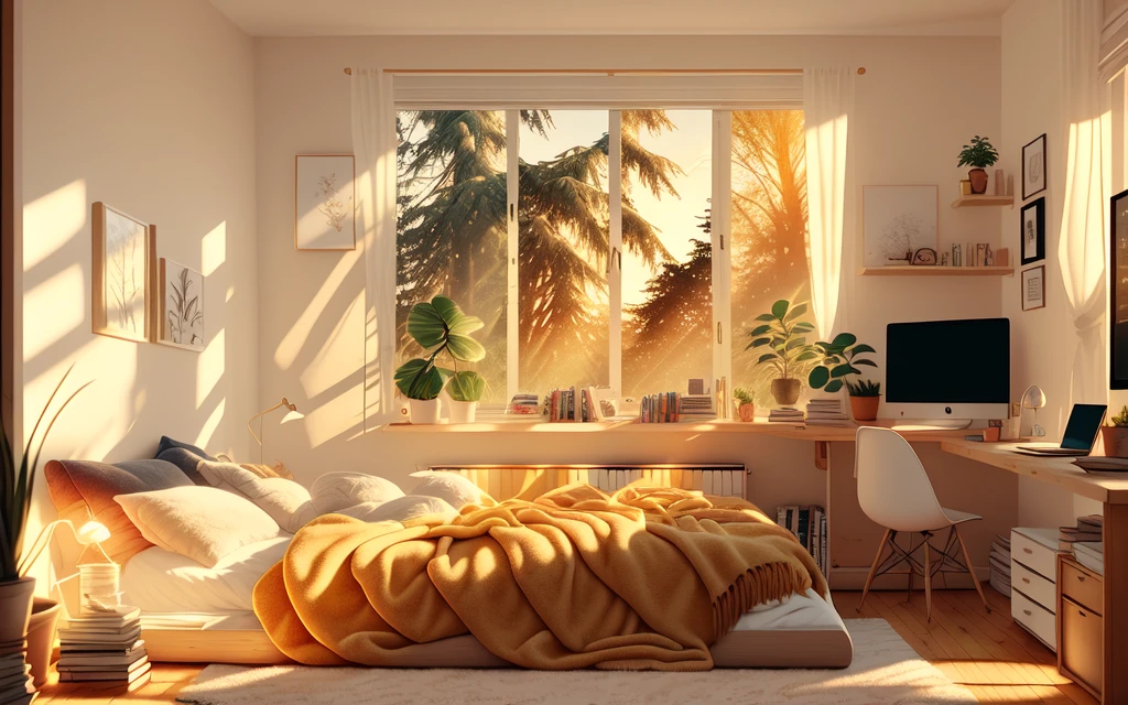 photo of a cozy modern bedroom, bright warm sunlight