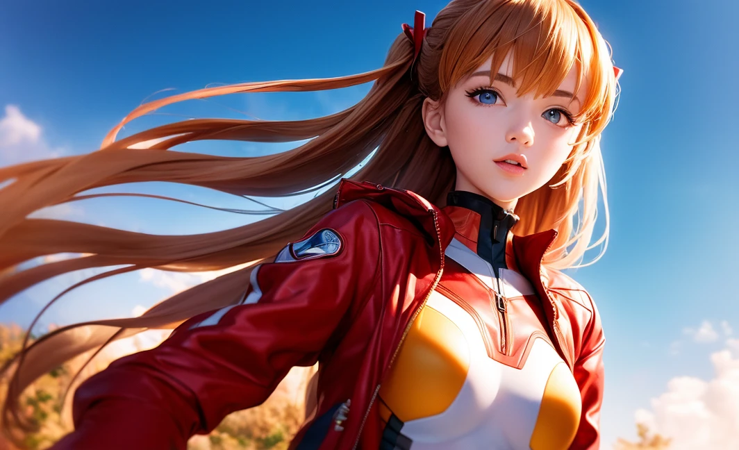 (8k, best quality, masterpiece:1.2), ultra-detailed, Masterpiece, realistic lighting,masterpiece, best quality, masterpiece, official art,extremely detailed CG unity 8k wallpaper,beautiful detailed eyes, light on face, 1girl, Asuka,Upper body, breasts, pilot_suit, plugsuit, red_jacket, windbreaker, gloves, bandage, hair_ornament, bracer, <lora:Asuka:0.9>