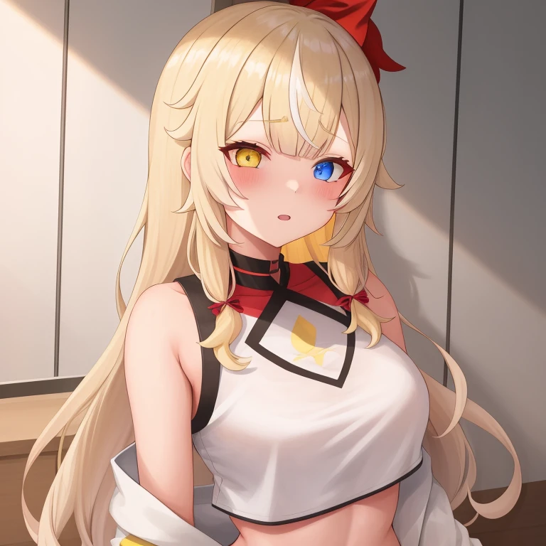1girl, nijisanji, hoshikawa_sara, blonde_hair, heterochromia, red_eyes, yellow_eyes, white_croptop