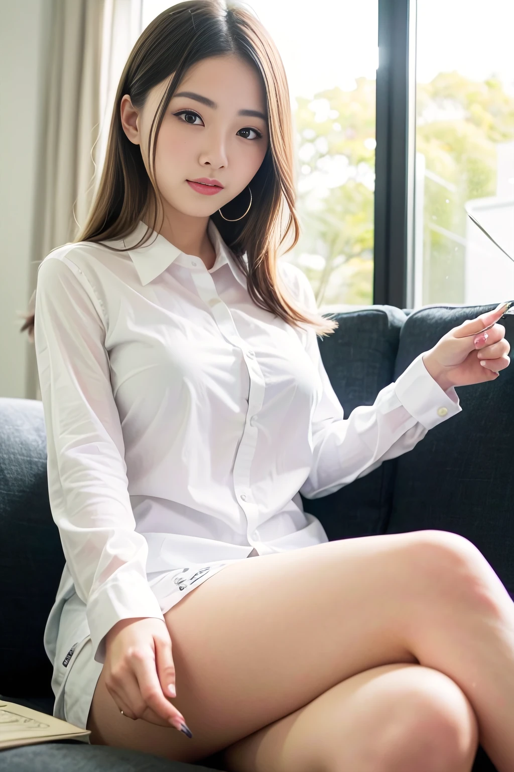 hkgirl, beautiful office lady lay on large sofa, white shirt