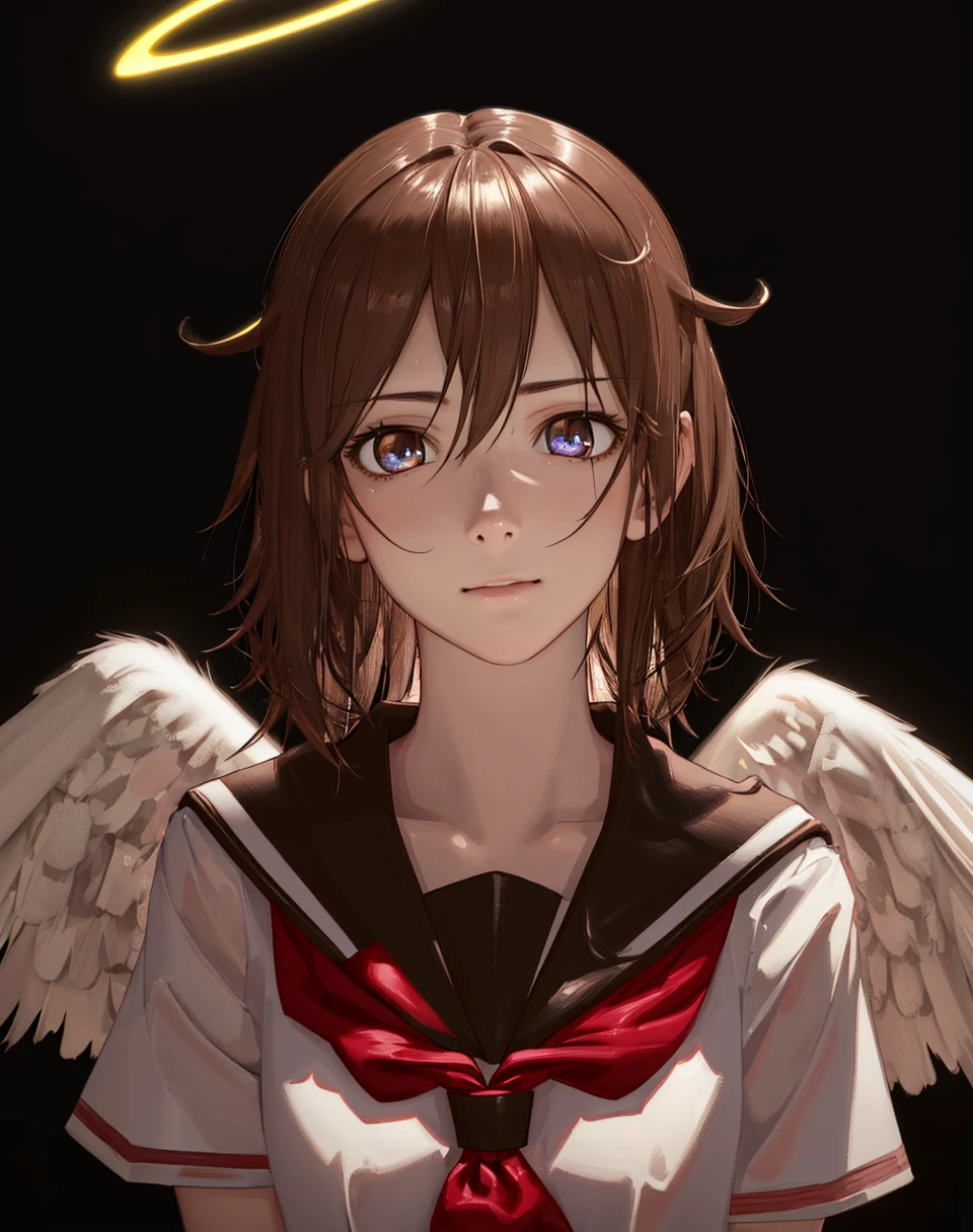 (photorealistic:1.4), (masterpiece, sidelighting, finely detailed beautiful eyes: 1.2), masterpiece*portrait, realistic, 3d face, glowing eyes, shiny hair, lustrous skin, solo, embarassed, (midriff), 1girl, angel wings, brown eyes, brown hair, haibane renmei, halo, rakka, sailor collar, school uniform, <lora:my_LoRA_rakka_v2:0.5>