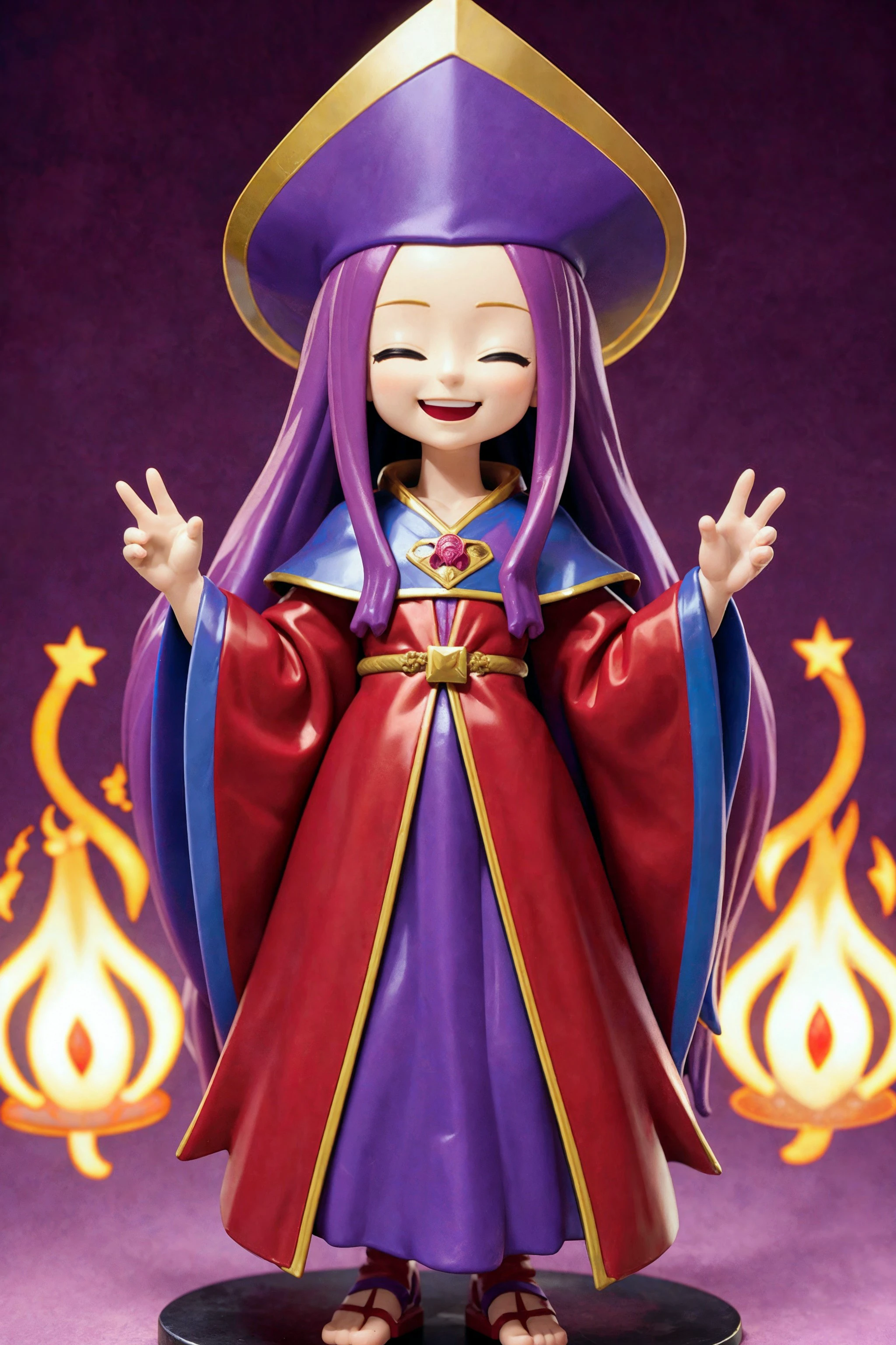 PVC figurine, long purple hair, wizard's robes, contrapasto, red and blue robes, big smile, closed eyes,