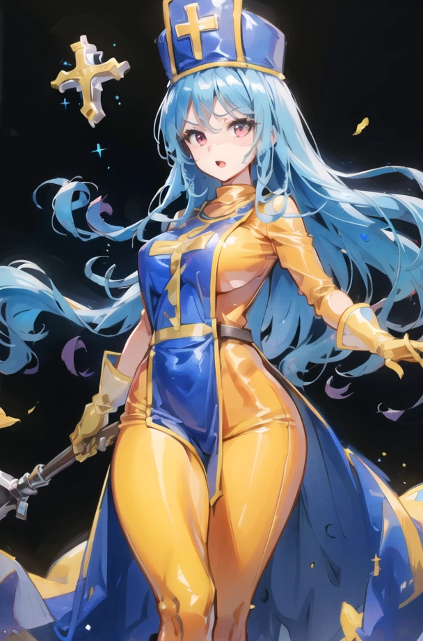 priest \(dq3\), orange bodysuit, long hair, 1girl, solo, breasts, large breasts, red eyes, gloves, hat, blue hair, aqua hair, bodysuit, staff, tabard, cross print, mitre, white background, holding, mace, dynamic pose, casting magic, open mouth, black background, magic particles, blue magic <lora:DQ3Priest:0.7>