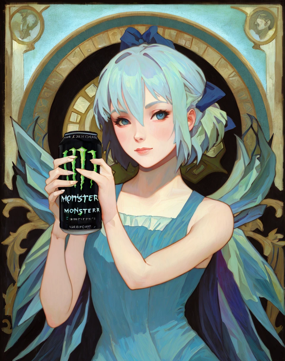 1girl, cirno, holding monster energy, monster energy <lora:my_LoRA_monsterEenergy_v1:0.7> by Jeremy Lipking, by William Bouguereau, (by Alphonse Mucha:0.5)
