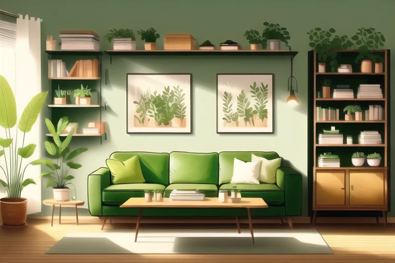 a living room with a green couch and a green plant on the wall and a book shelf with books
<lora:flat illustration:1>