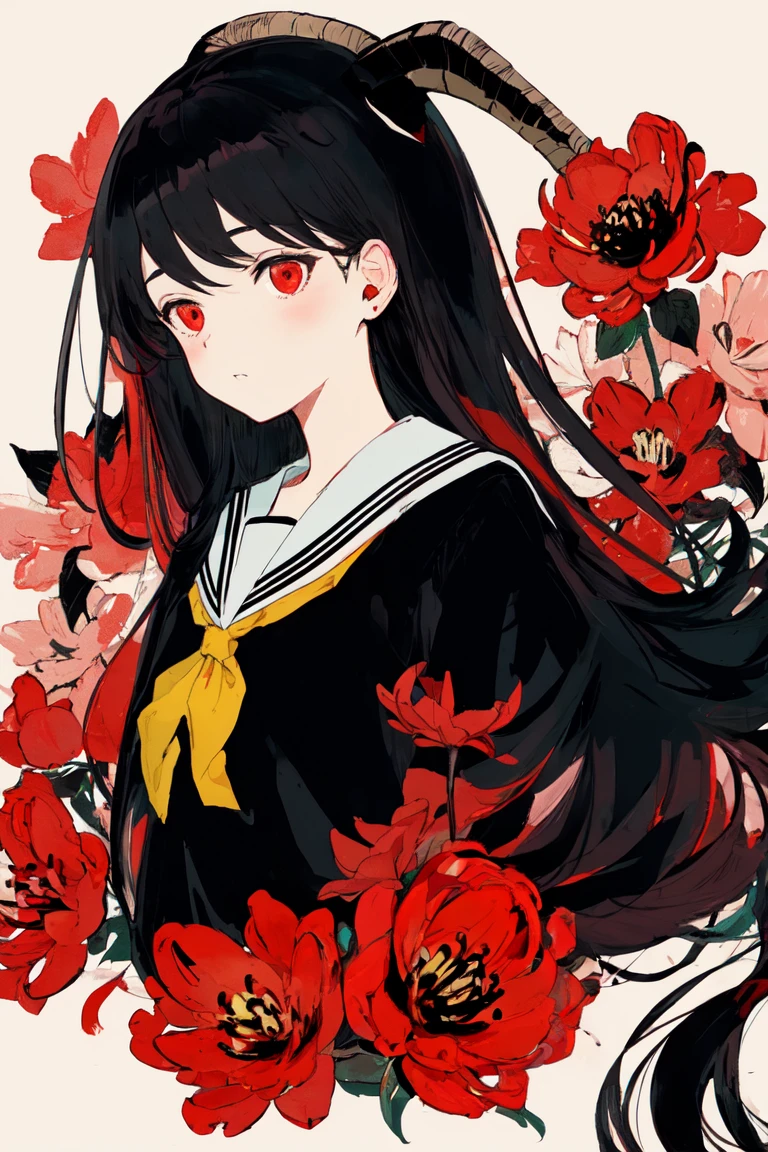 masterpiece, best quality, flat color, limited palette, low contrast,
1girl, serafuku, long straight black hair,
lycoris flower, goat skull,
(red, black)