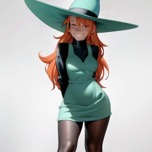 best quality, masterpiece, marker \(medium\), high detail, highres, absurdres, 1girl, solo, highres, absurdres,  <lora:MelusineV2:1>, melusine, witch hat, orange hair, aqua dress, black turtleneck, long sleeves, black pantyhose, closeup, grin, half-closed eyes, facing viewer, looking at viewer, leaning forward, cowboy shot, arms behind back, <lora:kairunoburogu:0.9>, shy, one eye closed,