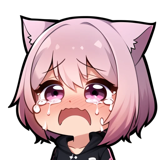 master, chief 1girl, pink hair,cat ears, twitch emote, cartoon, chibi,  <lora:TwitchEmotes:0.8>, white background, sticker, (crying:1.3)