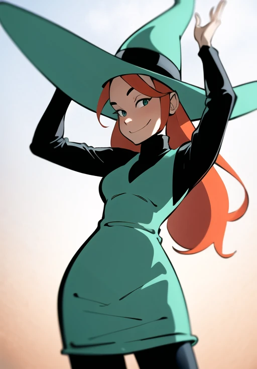 masterpiece, best quality, 1girl, solo, highres, absurdres, <lora:MelusineV2:1>, melusine, standing, smile, aqua dress, black turtleneck, black pantyhose, witch hat, cowboy shot, arms up, from below, looking down, looking at viewer, night, moonlight