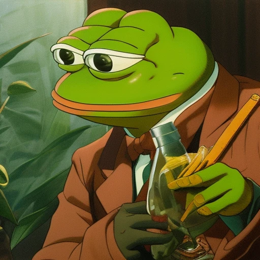 pepe_frog, portrait of a Deliriously happy and screaming Kermit the frog in Society (1989), highly detailed, centered, solid color background, digital painting, artstation, concept art, smooth, sharp focus, illustration, artgerm, donato giancola, Joseph Christian Leyendecker, Les Edwards, Ed Repka, WLOP, Artgerm , by studio ghibli , cartoon, <lora:pepe_frog:1>