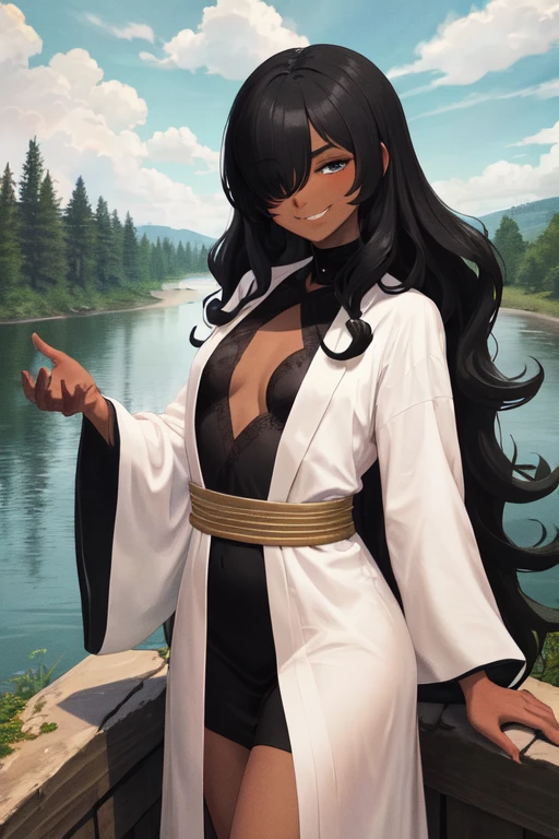 black wavy hair, hair over one eye, very dark skin, robe, landscape, (smug:1.0), river, small breasts, smirk, sfw,