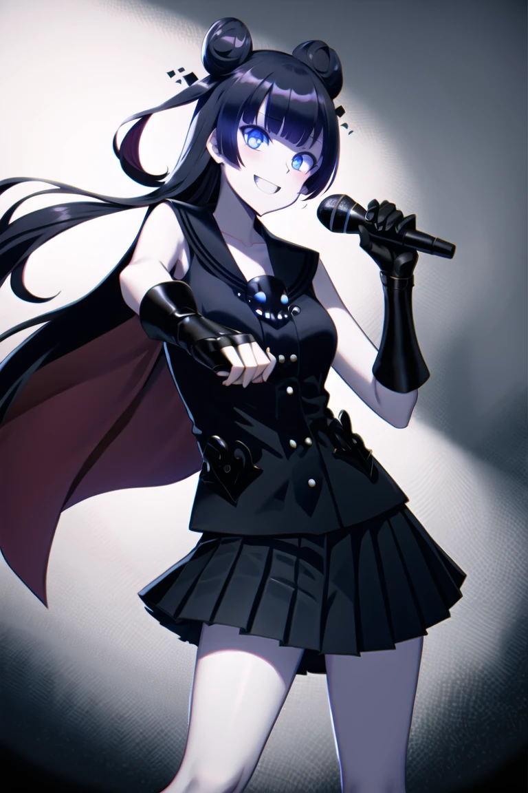 best quality, digital painting, light cruiser oni, cowboy shot, holding microphone, idol, 1girl, (head tilt, big smile), blue eyes, colored skin:pale skin, (blunt bangs AND long black hair with double buns), black sleeveless sailor shirt with sailor collar, (gloves+gauntlets, v), pleated skirt