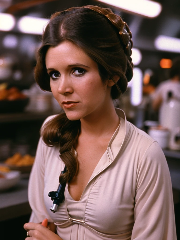 shot of Carrie Fisher in princess leia cosplay, (princess Leia), Star Wars, (Jedi robes), (((1970s))) extremely high quality RAW photograph, detailed background, intricate, Exquisite details and textures, highly detailed, ultra detailed photograph, warm lighting, artstation, 4k, sharp focus, high resolution, detailed skin, detailed eyes, 8k uhd, dslr, low harsh lighting, high quality, film grain, Fujifilm XT3,