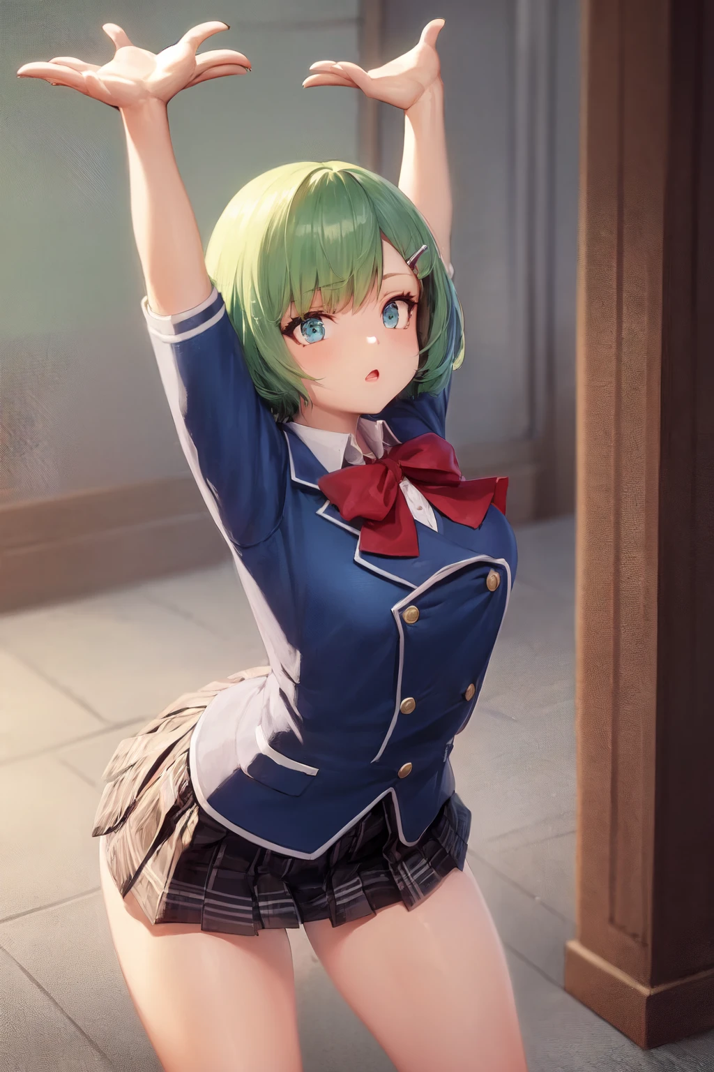 1girl, solo, short hair, green hair, blue eyes, hair clip, school uniform, pleated skirt,
cammy stretch \(meme\), stretching, arms up,
<lora:cammy_stretch_(meme):1>