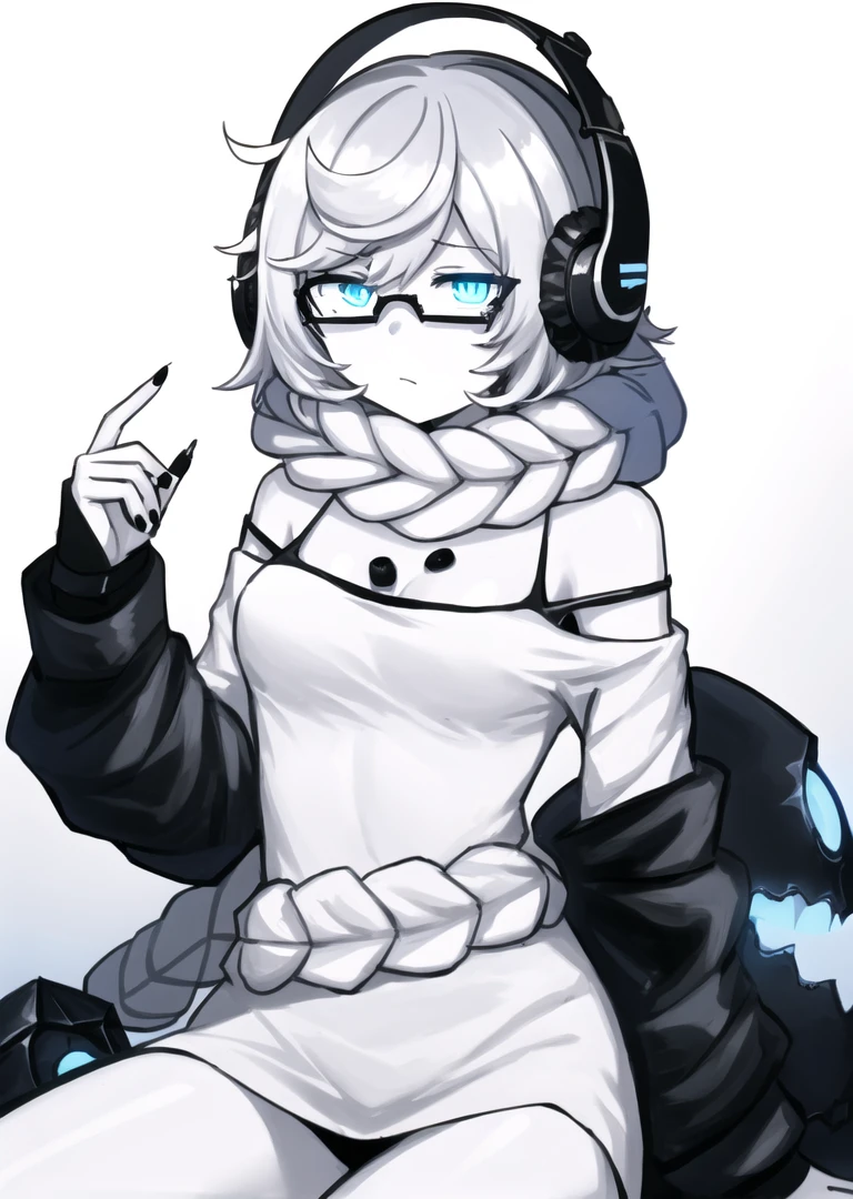 best quality, absurdres, shy, abyssal ship, supply depot hime, 1girl, solo, colored skin, pale skin, headphones, (hair scarf, long hair, white hair, single braid, long braid), glasses, black-framed eyewear, blue eyes, glowing, glowing eyes, ((white dress+off shoulder)), bare shoulders, black nails, nail polish, dark background, gradient background