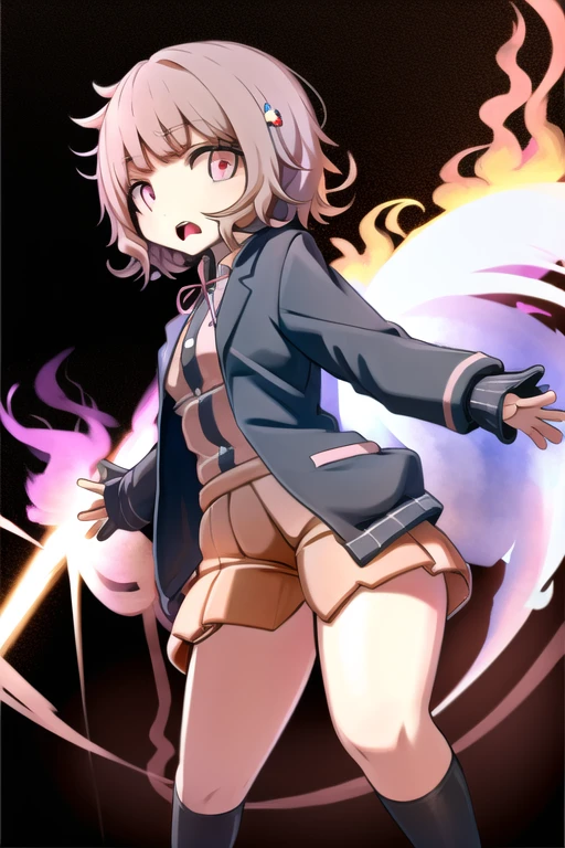 <lora:ChiakiDGv3:0.8>, ChiakiDG, masterpiece, solo, 1girl, looking at viewer, long sleeves, open mouth, (black jacket:1.2), pink eyes, eyebrows visible_through hair, pink ribbon, official style, teeth, upper teeth, explosion, backlighting, <lora:HakikaStyle:0.8>, HakikaStyle,