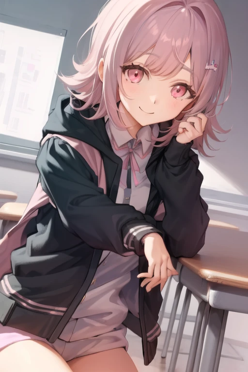 <lora:ChiakiDGv3:0.8>, ChiakiDG, masterpiece, solo, 1girl, looking at viewer, long sleeves, classroom, smile, (black jacket:1.2), pink eyes, eyebrows visible_through hair, pink ribbon, official style, ((track suit)),
