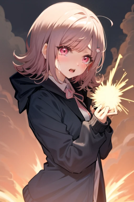 <lora:ChiakiDGv3:0.8>, ChiakiDG, masterpiece, solo, 1girl, looking at viewer, long sleeves, open mouth, (black jacket:1.2), pink eyes, eyebrows visible_through hair, pink ribbon, official style, teeth, upper teeth, explosion, backlighting, tears, crying,