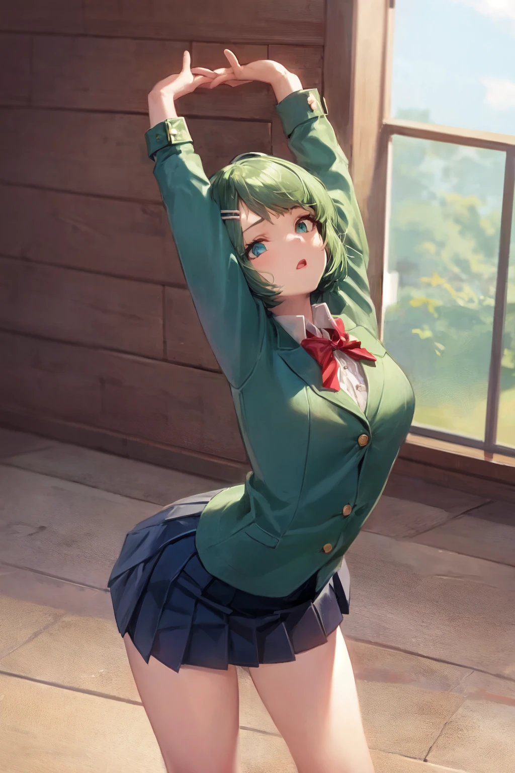 1girl, solo, short hair, green hair, blue eyes, hair clip, school uniform, pleated skirt,
cammy stretch \(meme\), stretching, arms up,
<lora:cammy_stretch_(meme):1>