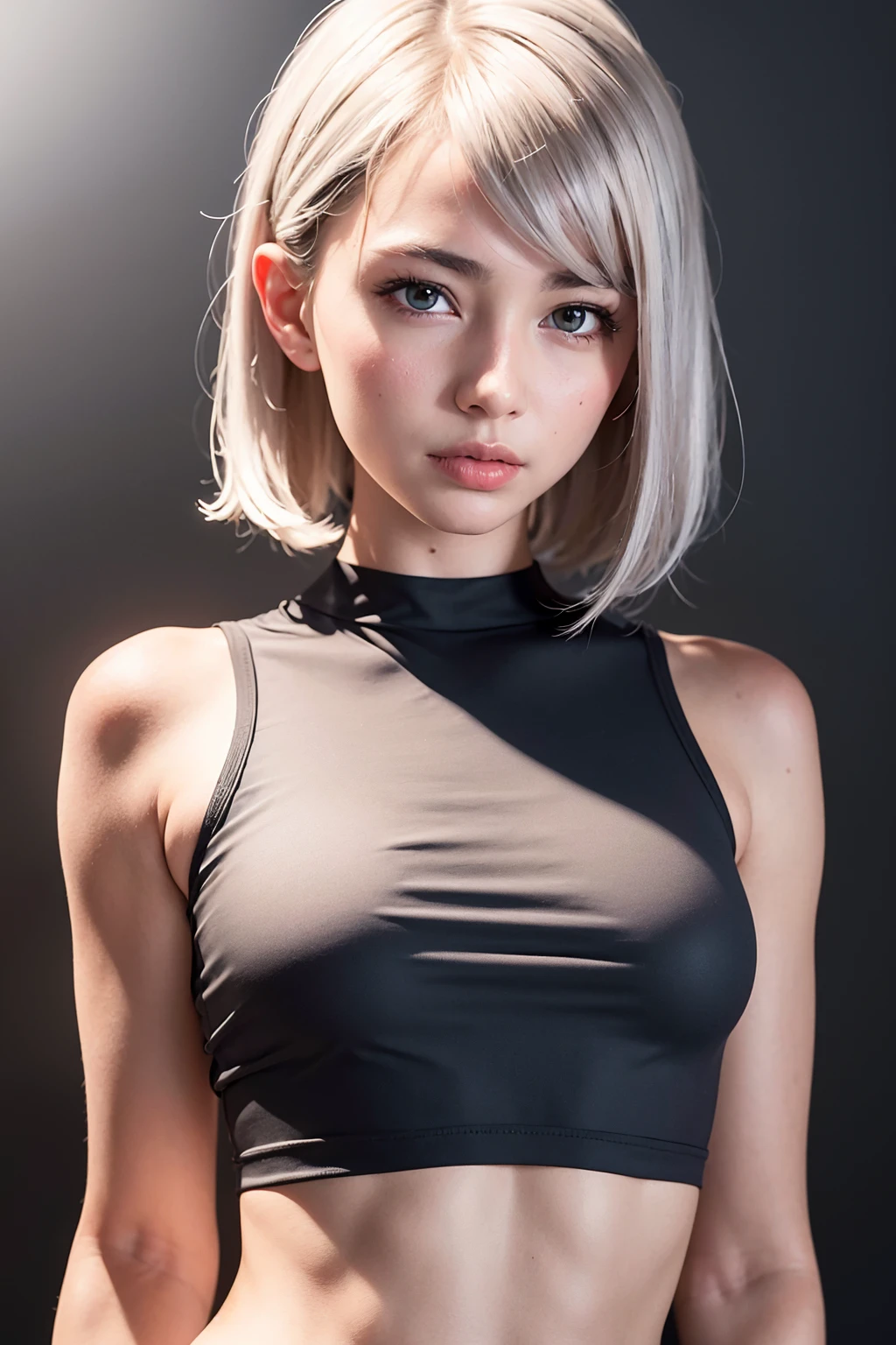 best quality, ultra high res, photorealistic, sfw,
1girl, looking at viewer, upper body, slender, small breasts, silver hair, white croptop,
grey background,