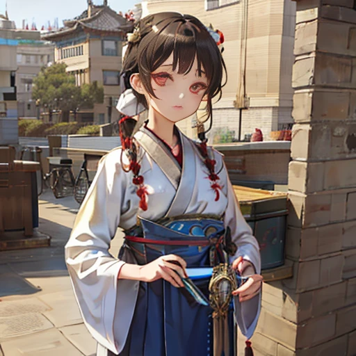 <(realistic:1.3), intricate details>,((1girl)),((building)), braided bangs,braided ponytail,(solo:1.2), balck hair, 16yo,looking at viewer, sunlight,hanfu, <lora:hanfu_v28:0.8>, chengqiang, <lora:chengqiang:0.6>