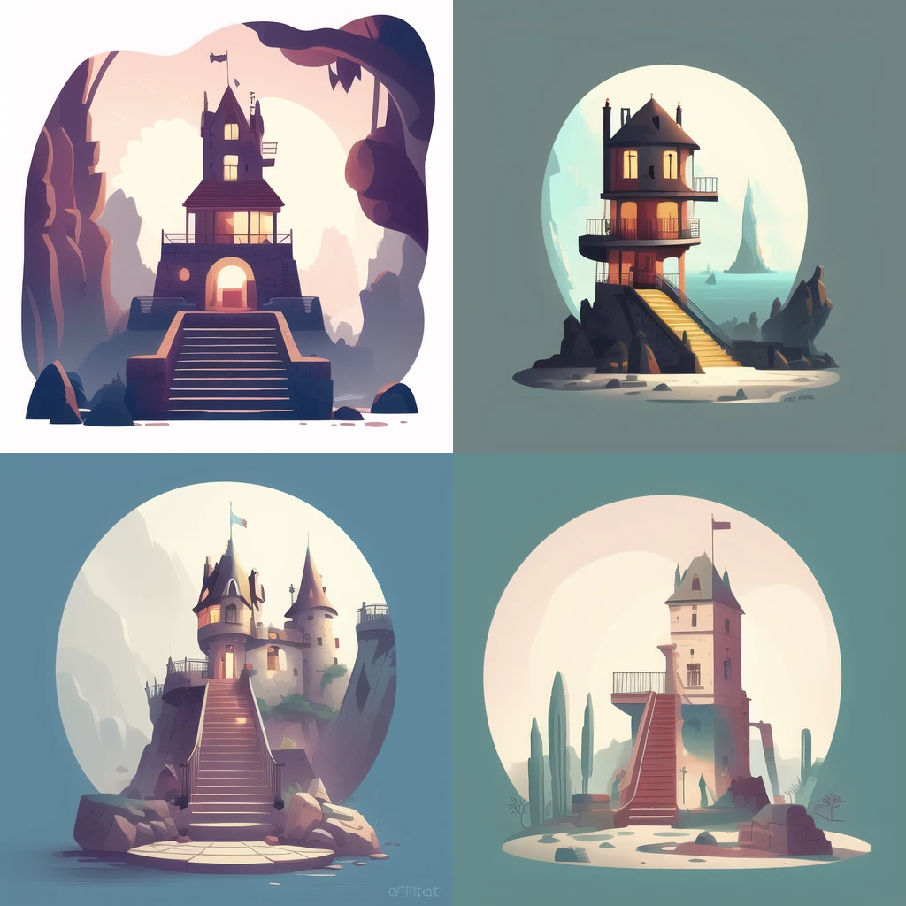 a drawing of a castle on a small island with stairs leading to it and a staircase leading to the top, Anton Fadeev, fantasy illustration, a storybook illustration, fantasy art
<lora:flat illustration:1>