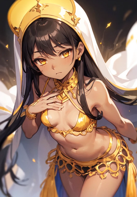 masterpiece, extremely detailed,looking at viewer,leaning forward, 1girl, ((((dark skin)))), long hair, (black hair), yellow eyes, almost closed eyes, ((((small breasts)))), solo, hands on chest, belly dancer outfit,