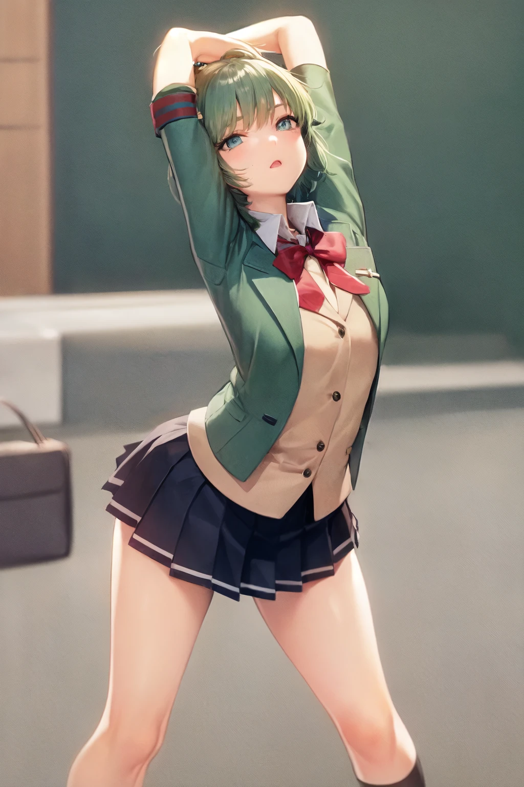 1girl, solo, short hair, green hair, blue eyes, hair clip, school uniform, pleated skirt,
cammy stretch \(meme\), stretching, arms up,
<lora:cammy_stretch_(meme):1>