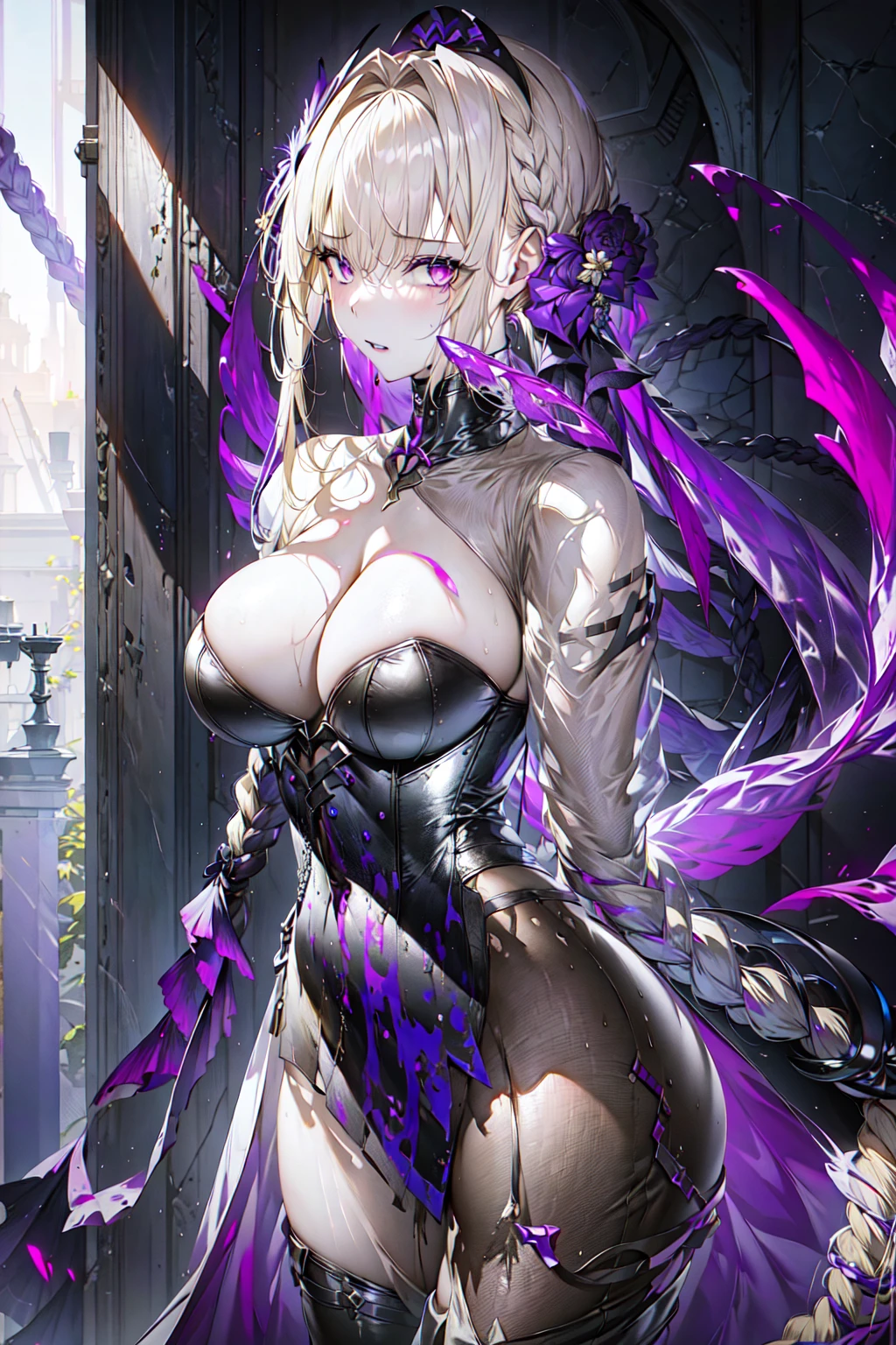 masterpiece, best quality, masterpiece, best quality, mature female,armor, black pantyhose,blonde_hair, braid, braided_ponytail, breasts, cleavage, blonde hair,gauntlets, large_breasts, long_hair, looking_at_viewer, purple_eyes, single_braid, solo, very_long_hair, purple eyeshadow,Black lip gloss,expressionless,black feather wings, <lora:LightLine-000010:0.6>, <lora:Bianka:0.6>