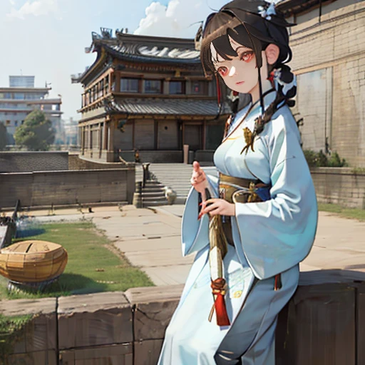 <(realistic:1.3), intricate details>,((1girl)),((building)), braided bangs,braided ponytail,(solo:1.2), balck hair, ,looking at viewer, sunlight,hanfu, <lora:hanfu_v28:0.8>, chengqiang, <lora:chengqiang:0.6>