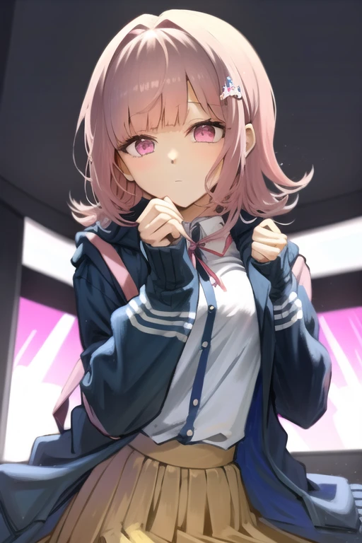 <lora:ChiakiDGv3:1>, ChiakiDG, masterpiece, solo, 1girl, jacket, looking at viewer, long sleeves, white shirt, collared shirt, light pink hair, classroom,