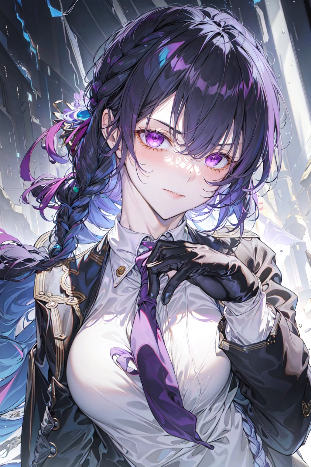 masterpiece, best quality, 1girl, bangs, black_gloves, braid, breasts, eyebrows_visible_through_hair, gloves, jacket, letterboxed, long_hair, looking_at_viewer, necktie, purple_eyes, rain, shirt, solo, upper_body, white_shirt <lora:LightLine-000010:0.6>, <lora:Hanying:0.5>