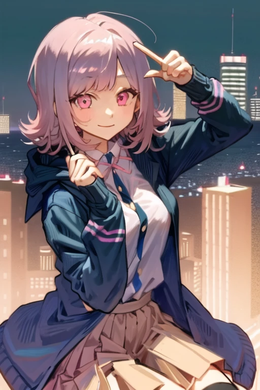 <lora:ChiakiDGv3:1>, ChiakiDG, masterpiece, solo, 1girl, jacket, looking at viewer, long sleeves, white shirt, collared shirt, light pink hair, city, buildings, smile, (black jacket:1.2), pink eyes, eyebrows visible_through hair, pink ribbon, official style, pink blood, brown skirt,