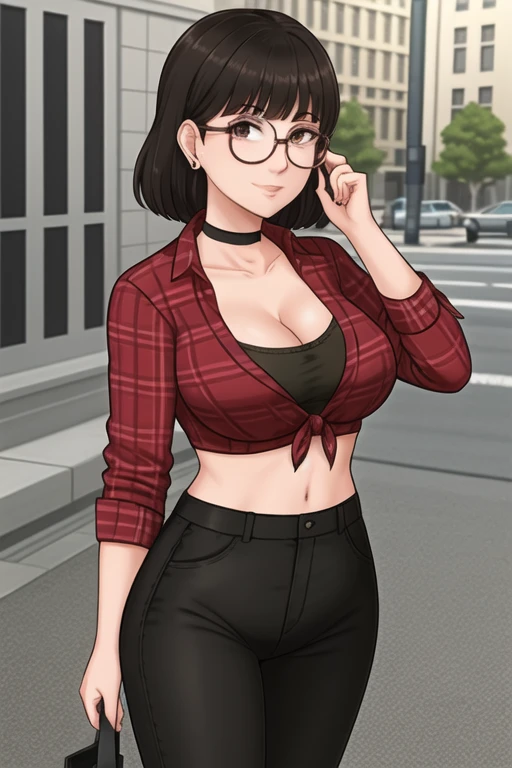 masterpiece, best quality, <lora:HouseChores:.5>, house chores, 1girl, solo, breasts, looking at viewer, smile, large breasts, brown hair, shirt, cleavage, brown eyes, jewelry, earrings, glasses, choker, midriff, pants, medium hair, lips, crop top, hand on hip, plaid, black choker, black pants, red shirt, black-framed eyewear, adjusting eyewear, tied shirt, plaid shirt, tight pants, character profile, high-waist pants, bob cut, outdoors, toned, nose piercing, blunt bangs