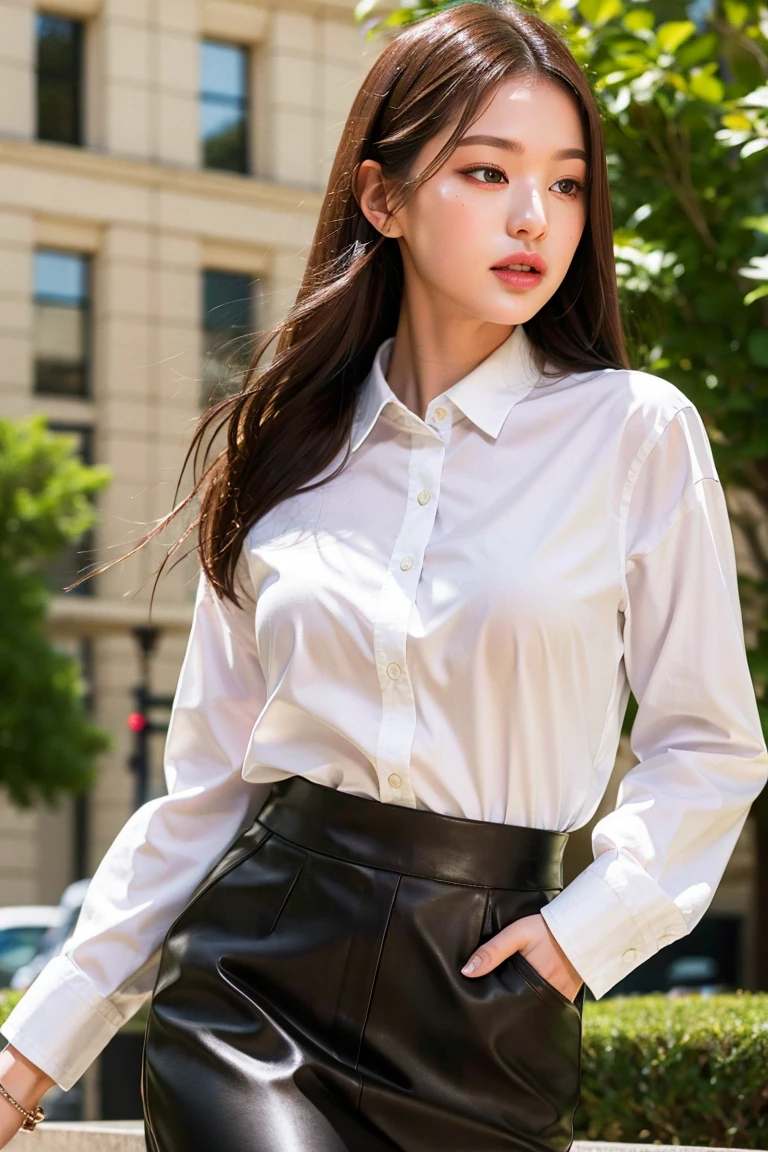 Nikon RAW photo,8 k,Fujifilm XT3,masterpiece, best quality, realistic, photorealistic,ultra detailed,1girl,solo,
close up portrait,
walking, urban city, rain,white_shirt,black_tight_skirts,looking aside,
jwy1, <lora:jwy___v1:1>