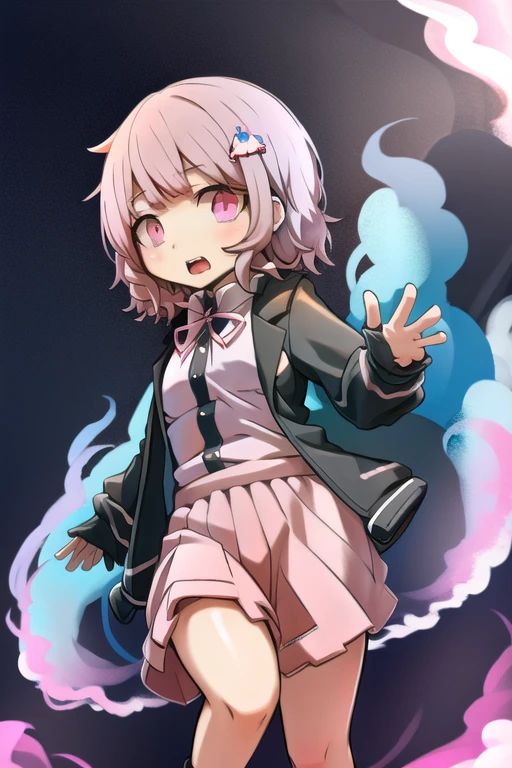 <lora:ChiakiDGv3:0.8>, ChiakiDG, masterpiece, solo, 1girl, looking at viewer, long sleeves, open mouth, (black jacket:1.2), pink eyes, eyebrows visible_through hair, pink ribbon, official style, teeth, upper teeth, explosion, backlighting, <lora:HakikaStyle:0.8>, HakikaStyle,