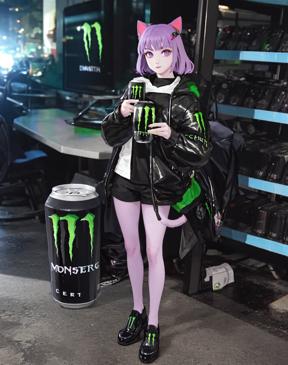 realistic full body photo of a masunya, (purple skin color:1.1), cat ears, (holding monster energy:1.2), monster energy, focus monster energy, <lora:my_LoRA_masunya_v3:0.7> <lora:my_LoRA_monsterEenergy_v2:0.5>