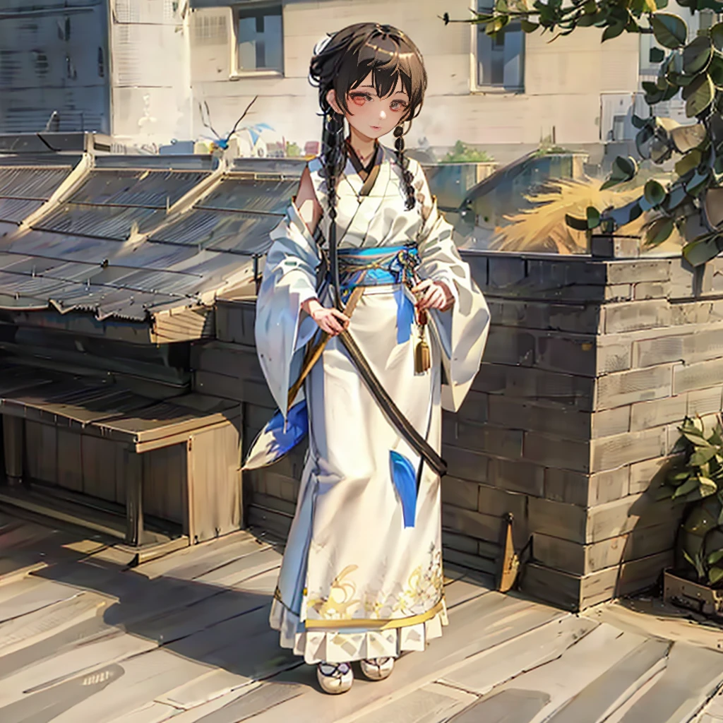 <(realistic:1.3), intricate details>,((1girl)),((building)), braided bangs,braided ponytail,(solo:1.2), balck hair, 16yo,looking at viewer, sunlight,hanfu, <lora:hanfu_v28:0.8>, chengqiang, <lora:chengqiang:0.6>
