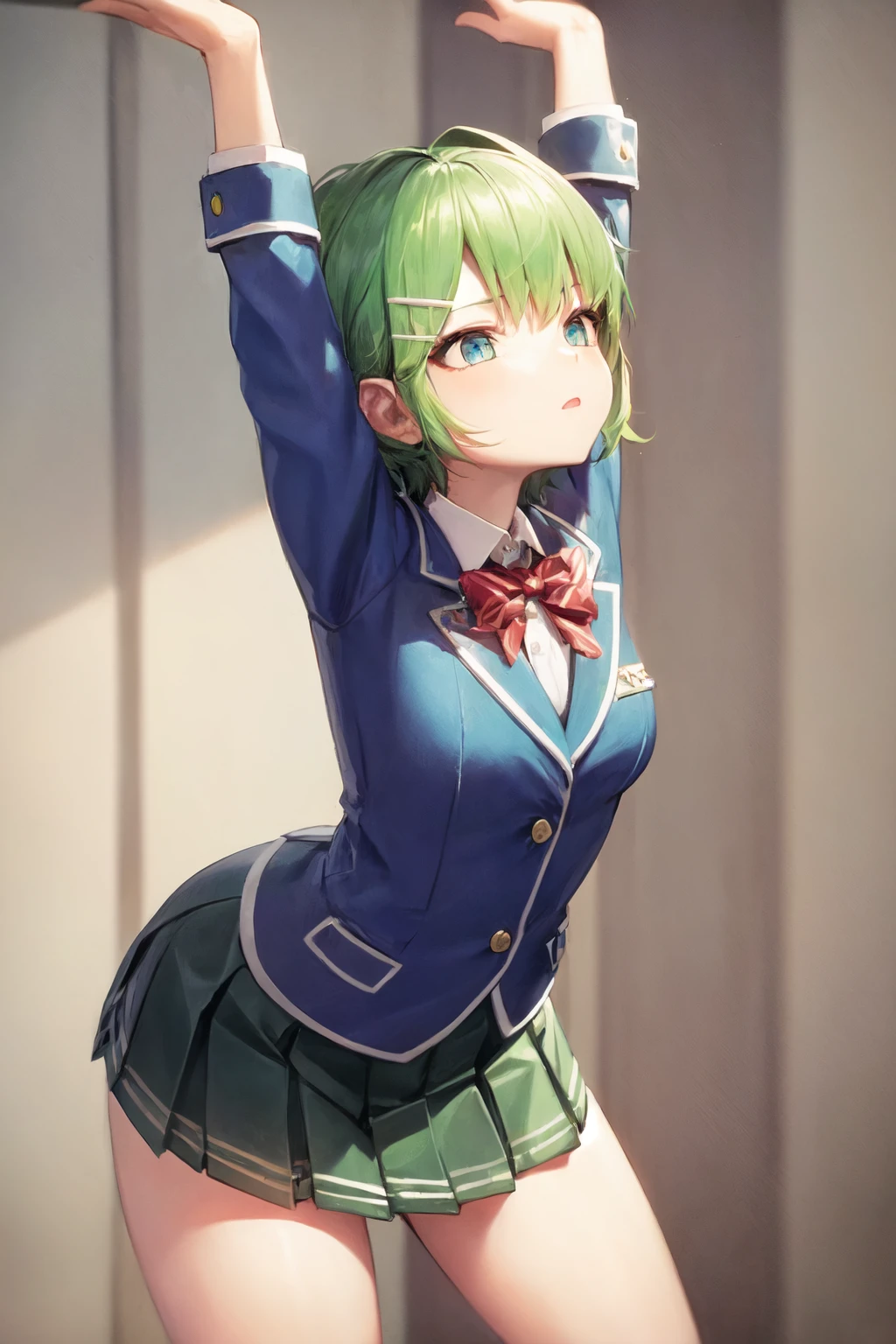 1girl, solo, short hair, green hair, blue eyes, hair clip, school uniform, pleated skirt,
cammy stretch \(meme\), stretching, arms up,
<lora:cammy_stretch_(meme):1>