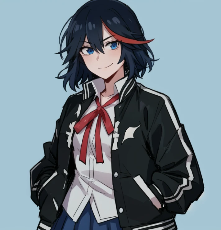 beautiful, masterpiece, best quality, extremely detailed face,  perfect lighting, 1girl, solo,  <lora:MatoiRyuukoV3:0.7>, <lora:EkuneStyleLoRA:1>, matoi ryuuko, blue background, blue skirt, hands in pockets, jacket, letterman jacket, looking at viewer, neck ribbon, open jacket, pleated skirt, red ribbon, ribbon, shirt, simple background, skirt, smile, solo, white shirt