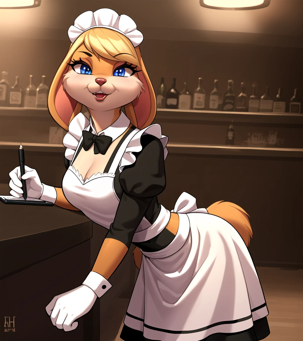 <lora:lola1:0.7> , buckteeth, long ears, 1girl, detailed snout, solo_focus, (maid outfit:1.3) female (anthro furry:1.4), detailed face, detailed eyes, (detailed fur texture:1.3), (seductive pose:1.2), handheld note pad, leaning towards viewer, digital painting, detailed hands, cinematic light, vibrant colors, intricate eyes, (background is bar)