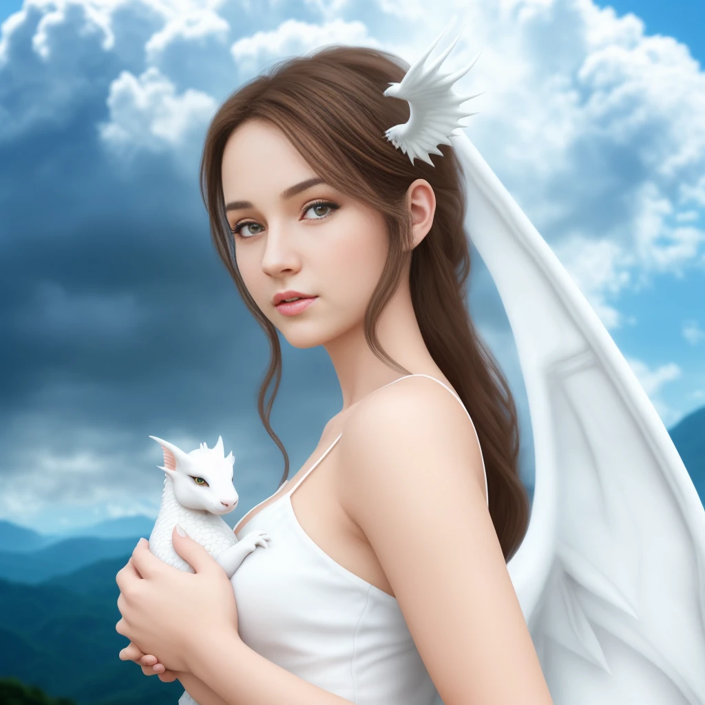 1girl, half body, closeup portrait of a beautiful 21yo woman with (a little white dragon in her arms), surrounded by white clouds, looking away, piercing eyes, fairyland at background, detailed face, detailed skin, hd, dream, ultra wide angle, hyperrealism, hyper detailed, centered
